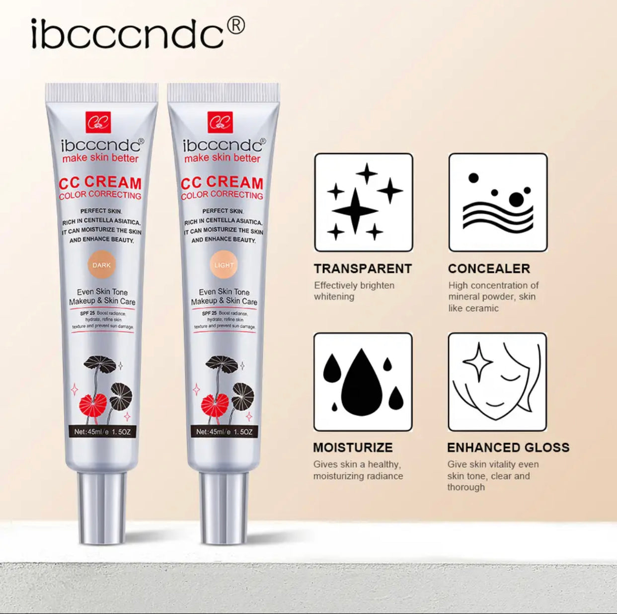 Sets of 2 Ibcccndc CC Cream, 45ml, Light Shade, Color Correcting with SPF 25, Centella Asiatica