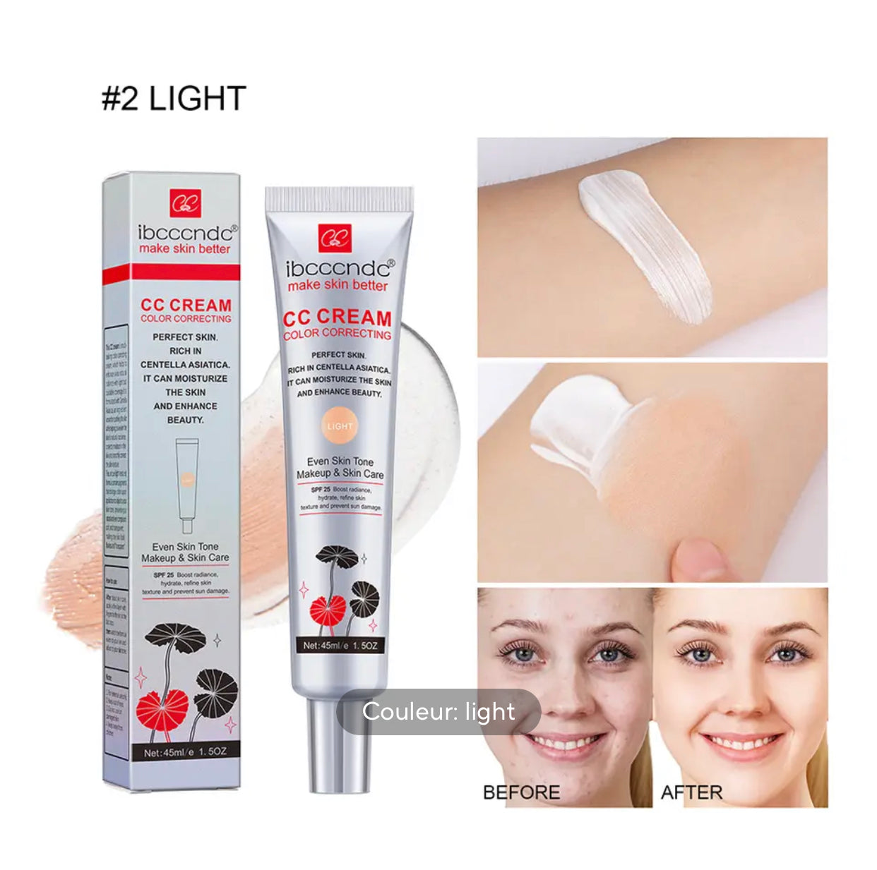 Sets of 2 Ibcccndc CC Cream, 45ml, Light Shade, Color Correcting with SPF 25, Centella Asiatica