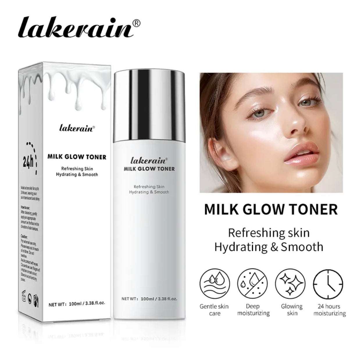 Sets of 2 Lakerain Milk Glow Toner, 100 ml, Hydrating and Smoothing Facial Toner, 24-Hour Moisturizing