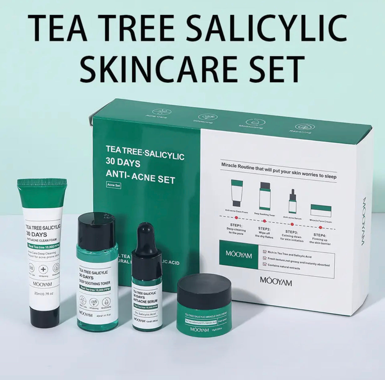 MOOYAM Tea Tree Salicylic 30-Day Anti-Acne Set, 4-Step Skincare Kit with Cleanser, Toner, Serum and Cream