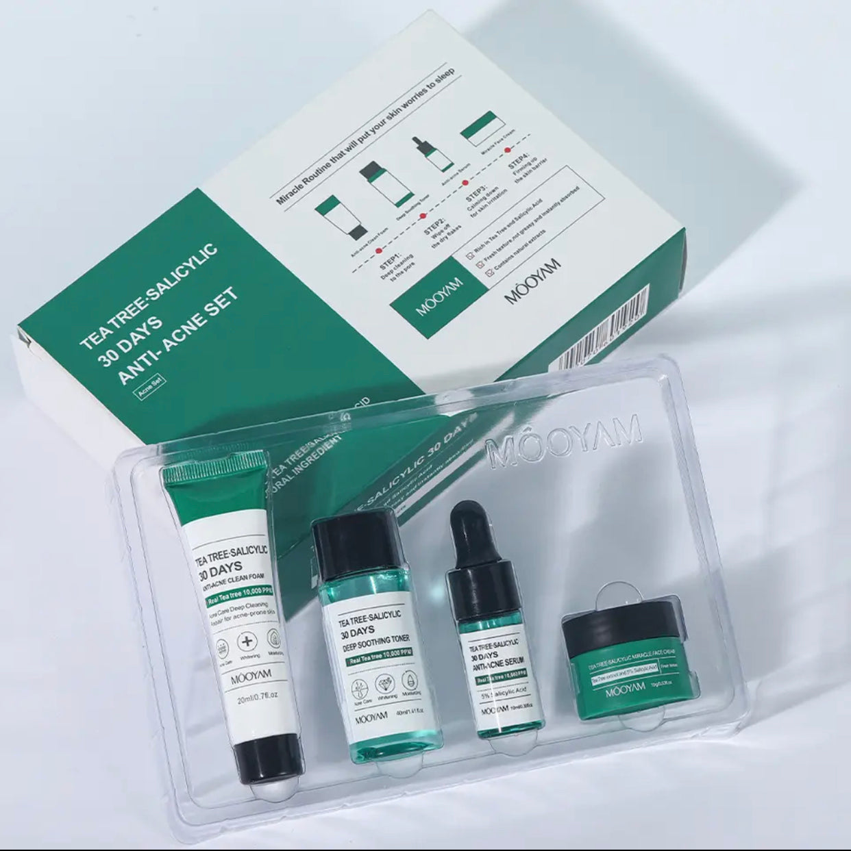 MOOYAM Tea Tree Salicylic 30-Day Anti-Acne Set, 4-Step Skincare Kit with Cleanser, Toner, Serum and Cream