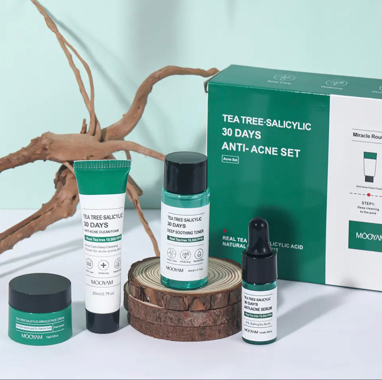 MOOYAM Tea Tree Salicylic 30-Day Anti-Acne Set, 4-Step Skincare Kit with Cleanser, Toner, Serum and Cream