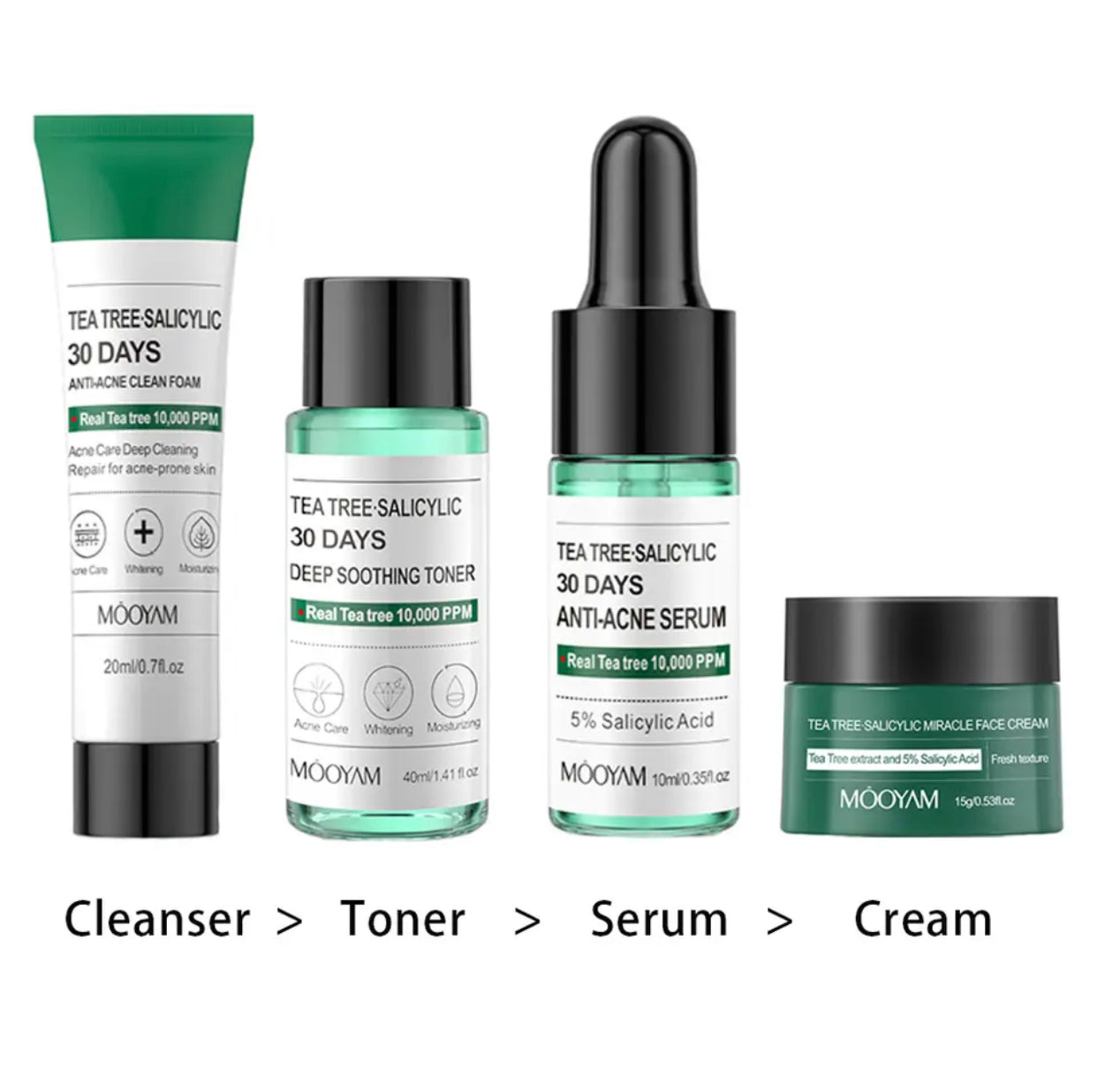 MOOYAM Tea Tree Salicylic 30-Day Anti-Acne Set, 4-Step Skincare Kit with Cleanser, Toner, Serum and Cream