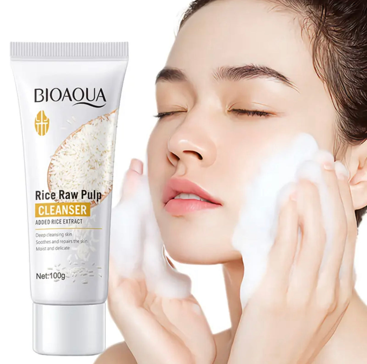 Sets of 3 BIOAQUA Rice Raw Pulp Facial Cleanser, 100g, Deep Cleansing Face Wash with Rice Extract