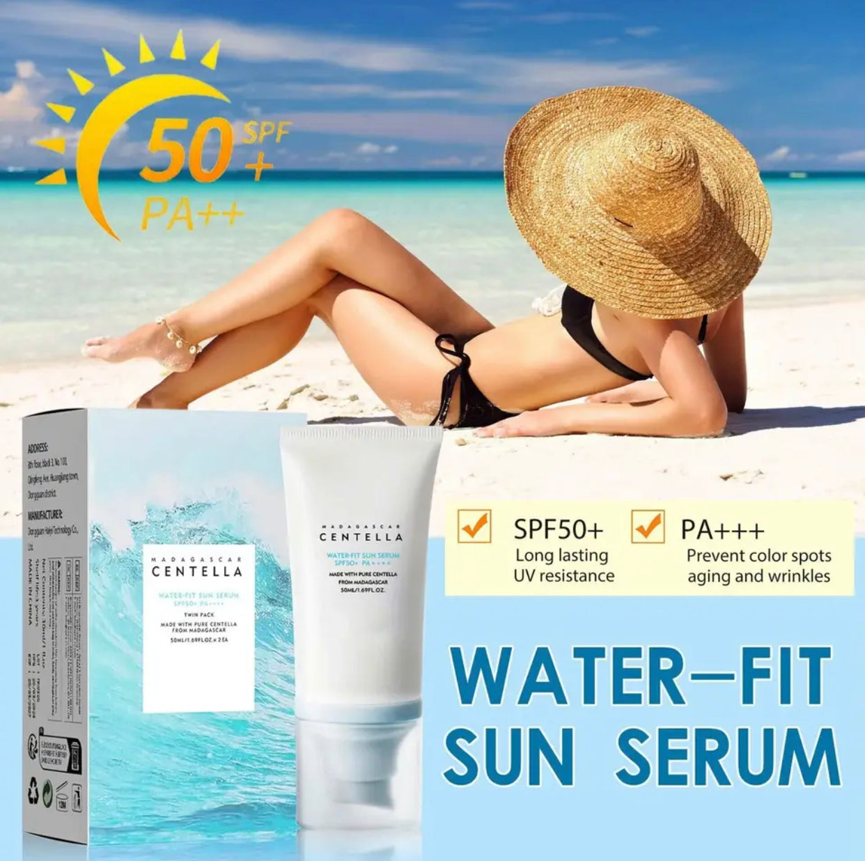 Sets of 3 Madagascar Centella Water-Fit Sun Serum, SPF 50+, 50 mL, Twin Pack