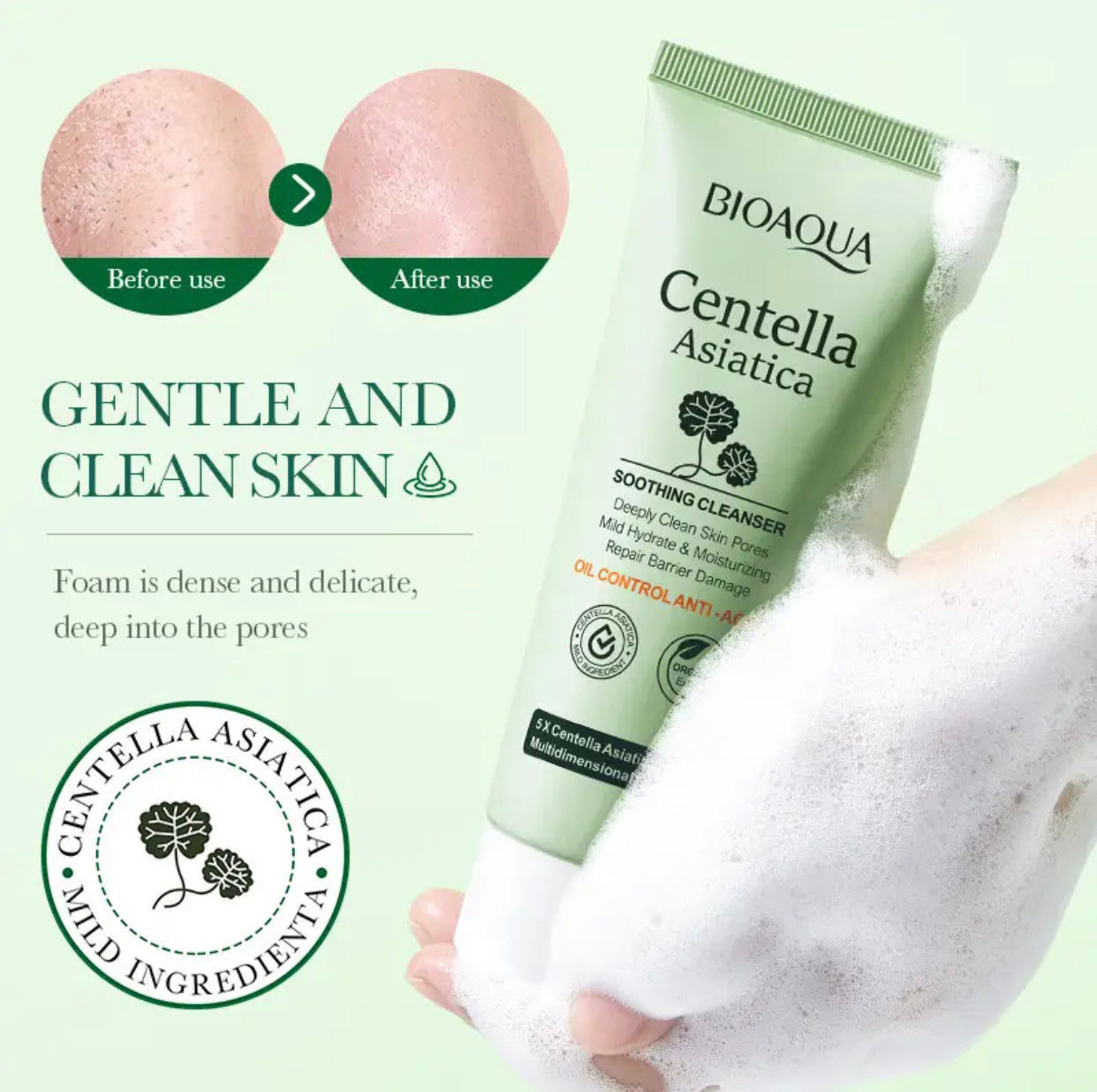 Sets 2 BIOAQUA Centella Asiatica Soothing Facial Cleanser, Oil Control, Deep Pore Cleansing, Moisturizing