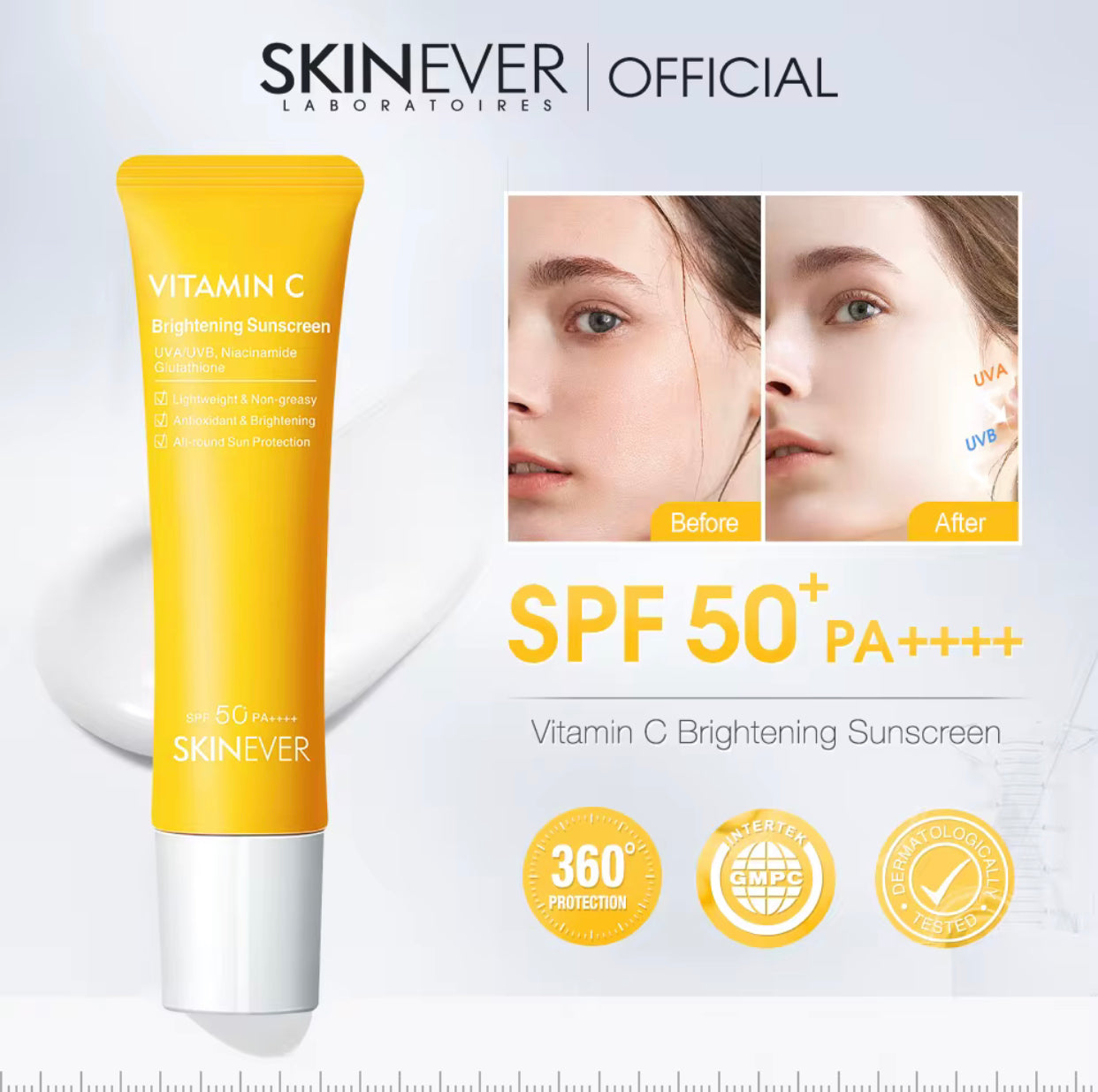 Sets of 10 SKINEVER Vitamin C Brightening Sunscreen SPF 50, Lightweight Non-Greasy, UVA/UVB Protection with Niacinamide, 30ml