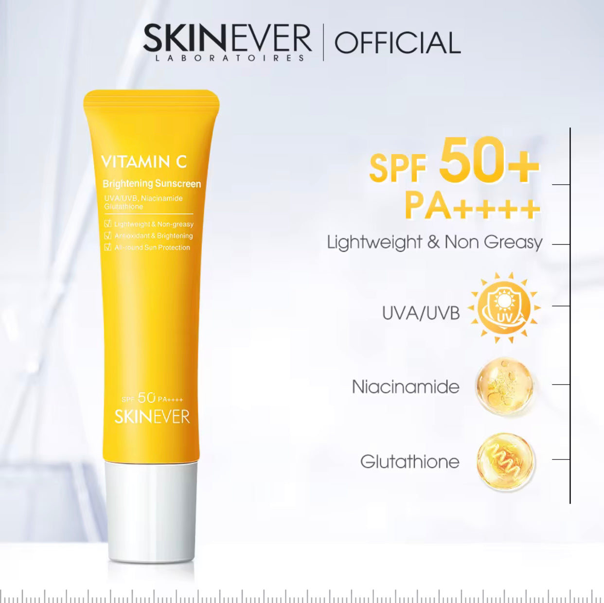 Sets of 10 SKINEVER Vitamin C Brightening Sunscreen SPF 50, Lightweight Non-Greasy, UVA/UVB Protection with Niacinamide, 30ml