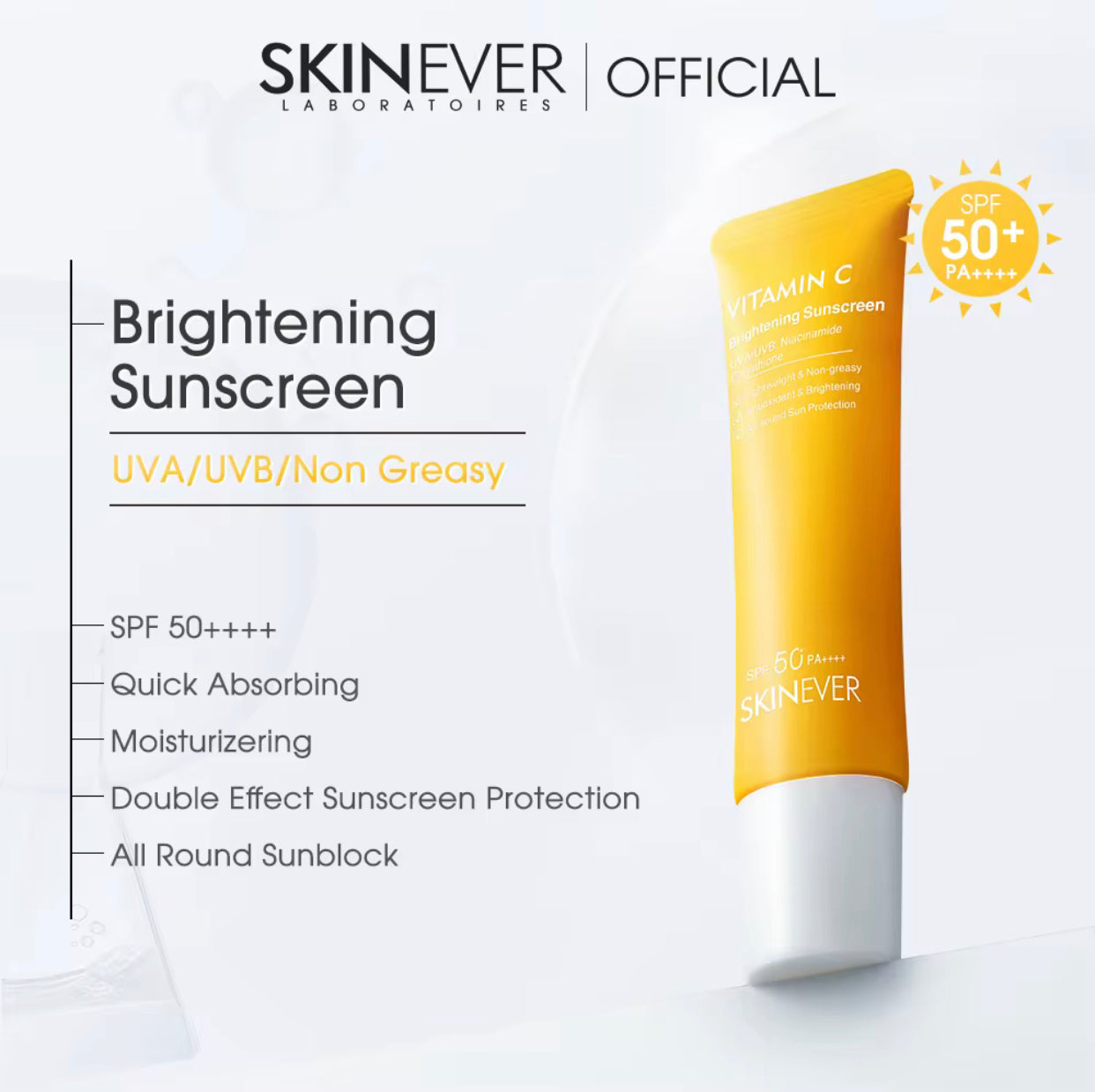 Sets of 10 SKINEVER Vitamin C Brightening Sunscreen SPF 50, Lightweight Non-Greasy, UVA/UVB Protection with Niacinamide, 30ml