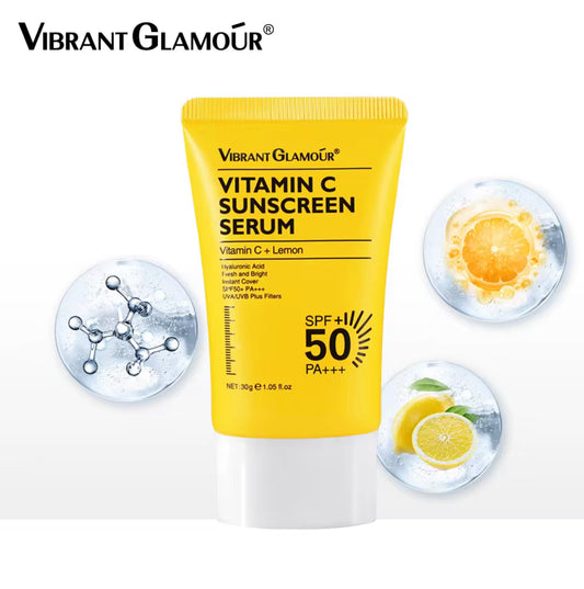 Sets of 3 Vibrant Glamour Vitamin C Sunscreen Serum, SPF 50+ PA+++, 30g, Lemon and Hyaluronic Acid