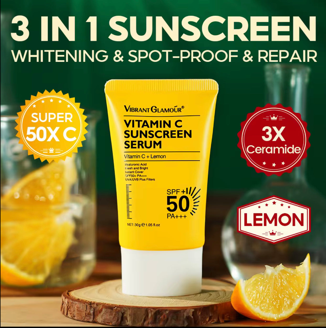 Sets of 3 Vibrant Glamour Vitamin C Sunscreen Serum, SPF 50+ PA+++, 30g, Lemon and Hyaluronic Acid