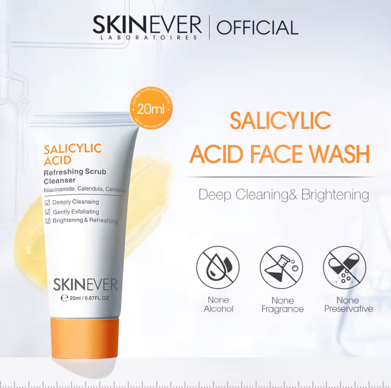 Sets of 10 SKINEVER Salicylic Acid Refreshing Scrub Cleanser, 20 ml, with Niacinamide and Calendula