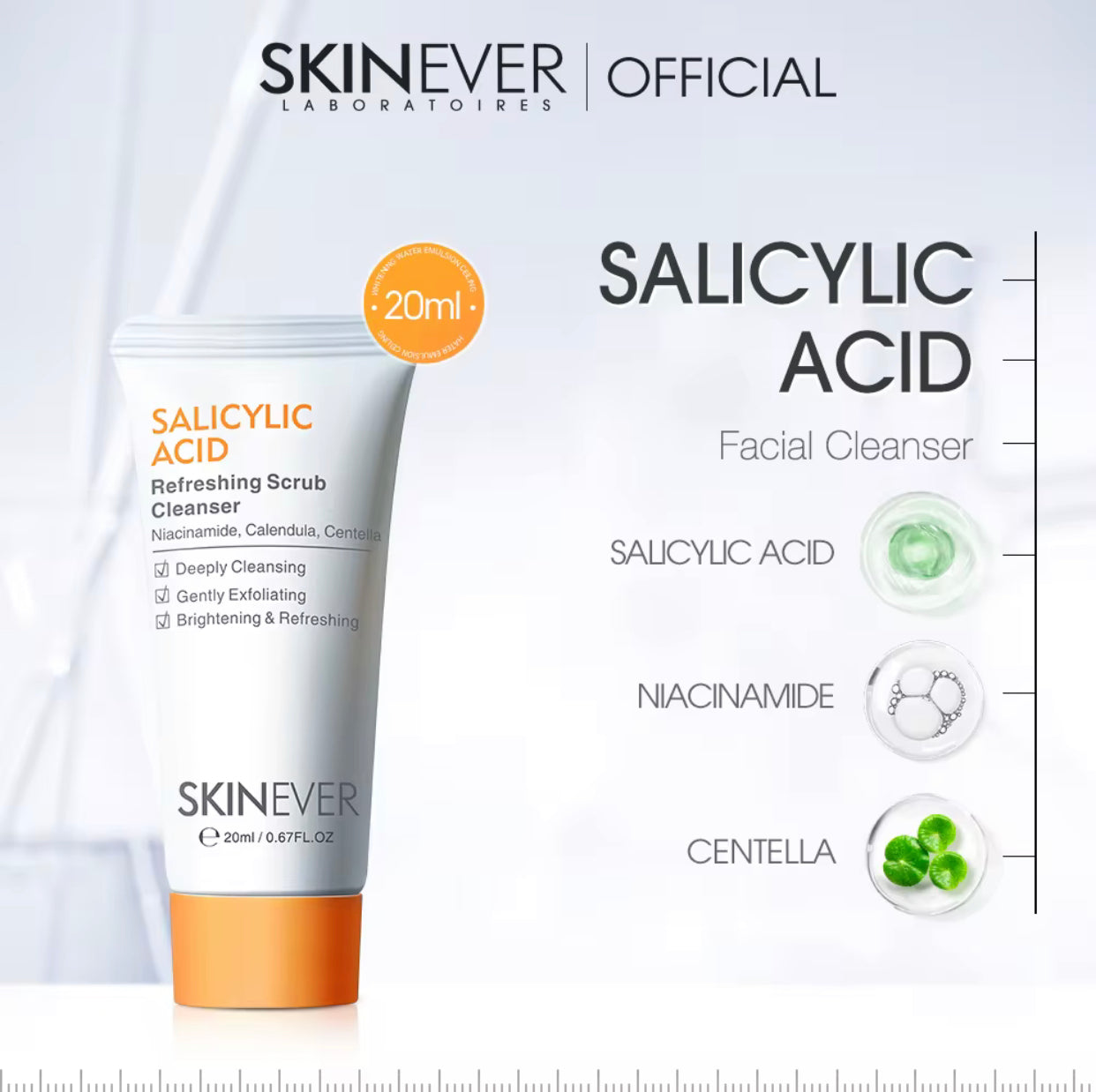 Sets of 10 SKINEVER Salicylic Acid Refreshing Scrub Cleanser, 20 ml, with Niacinamide and Calendula