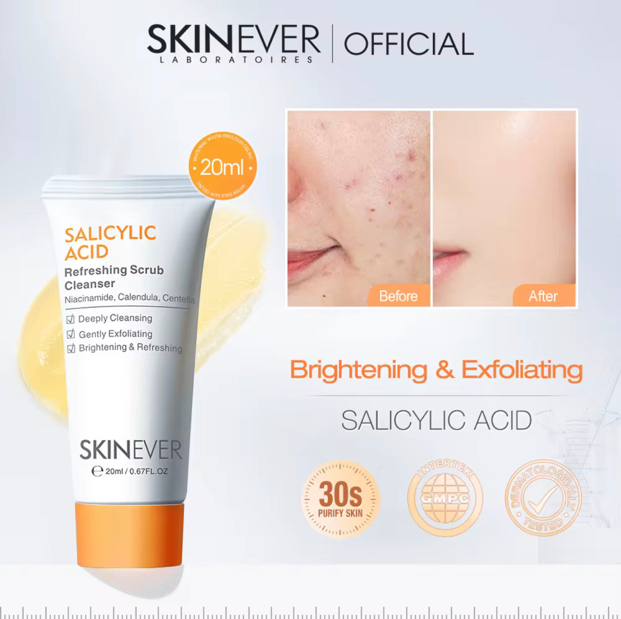 Sets of 10 SKINEVER Salicylic Acid Refreshing Scrub Cleanser, 20 ml, with Niacinamide and Calendula