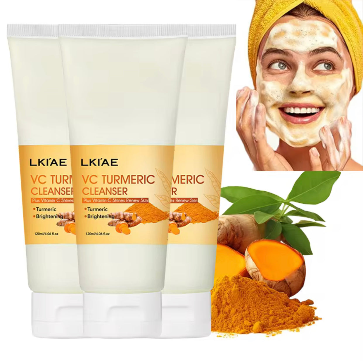 Sets of 3 LKIAE Turmeric Face Cleanser with Vitamin C, Brightening and Renewing Formula, 120 ml, Pack of 3