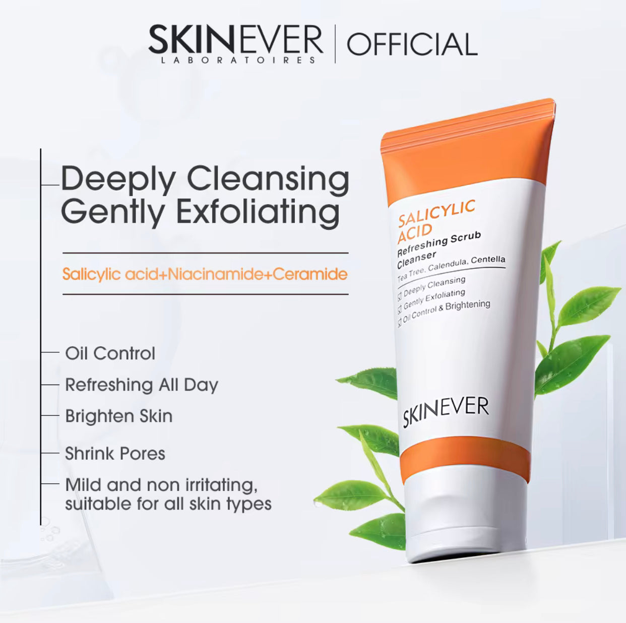 Sets of 10 SKINEVER Salicylic Acid Refreshing Scrub Cleanser, Tea Tree and Calendula, Oil Control and Brightening