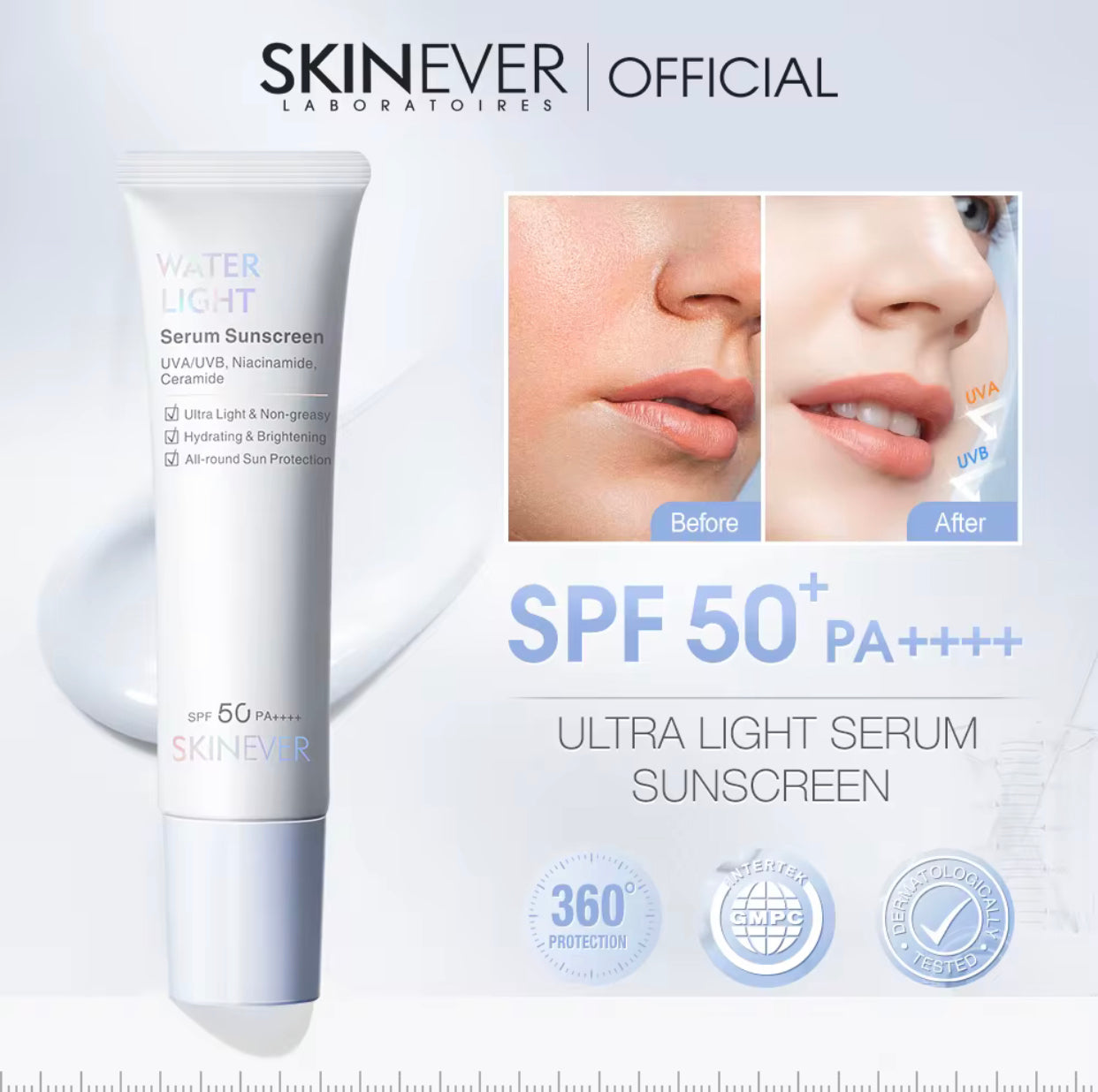 Sets of 10 SKINEVER Water Light Serum Sunscreen, SPF 50 PA+++, UVA/UVB Protection, Non-Greasy Face Lotion