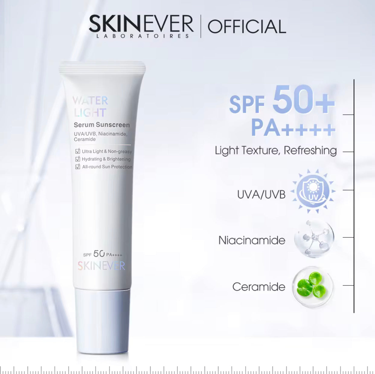 Sets of 10 SKINEVER Water Light Serum Sunscreen, SPF 50 PA+++, UVA/UVB Protection, Non-Greasy Face Lotion