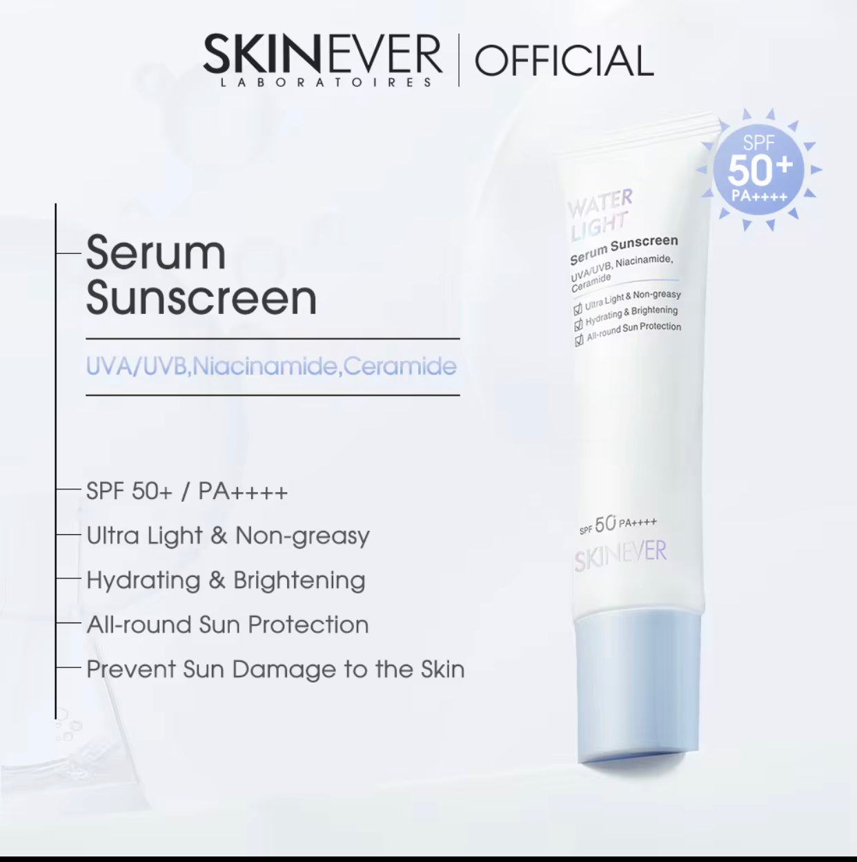 Sets of 10 SKINEVER Water Light Serum Sunscreen, SPF 50 PA+++, UVA/UVB Protection, Non-Greasy Face Lotion