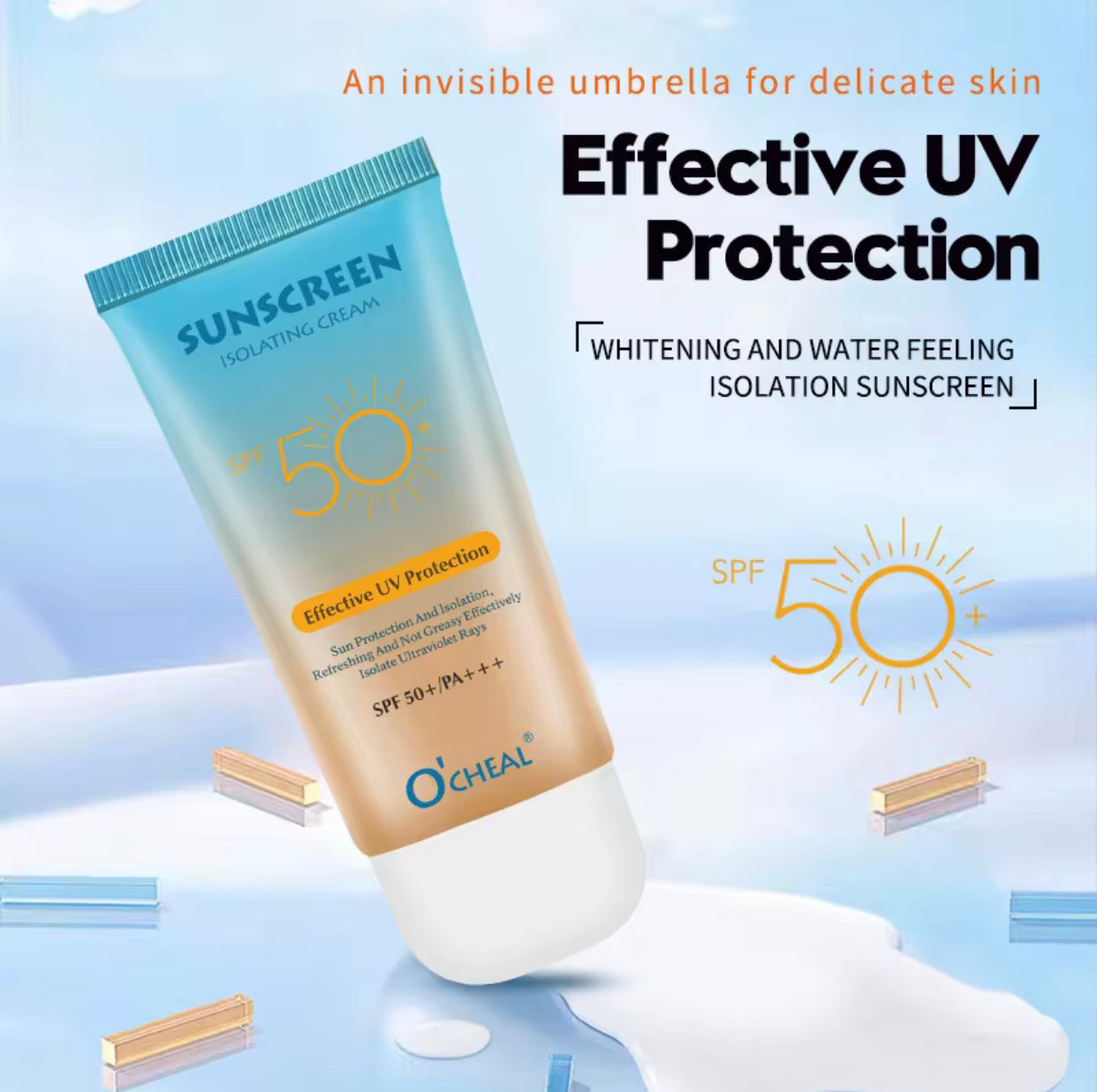 Sets of 10 O'CHEAL Sunscreen Isolating Cream, SPF 50+ PA+++, Non-Greasy UV Protection for Face and Body