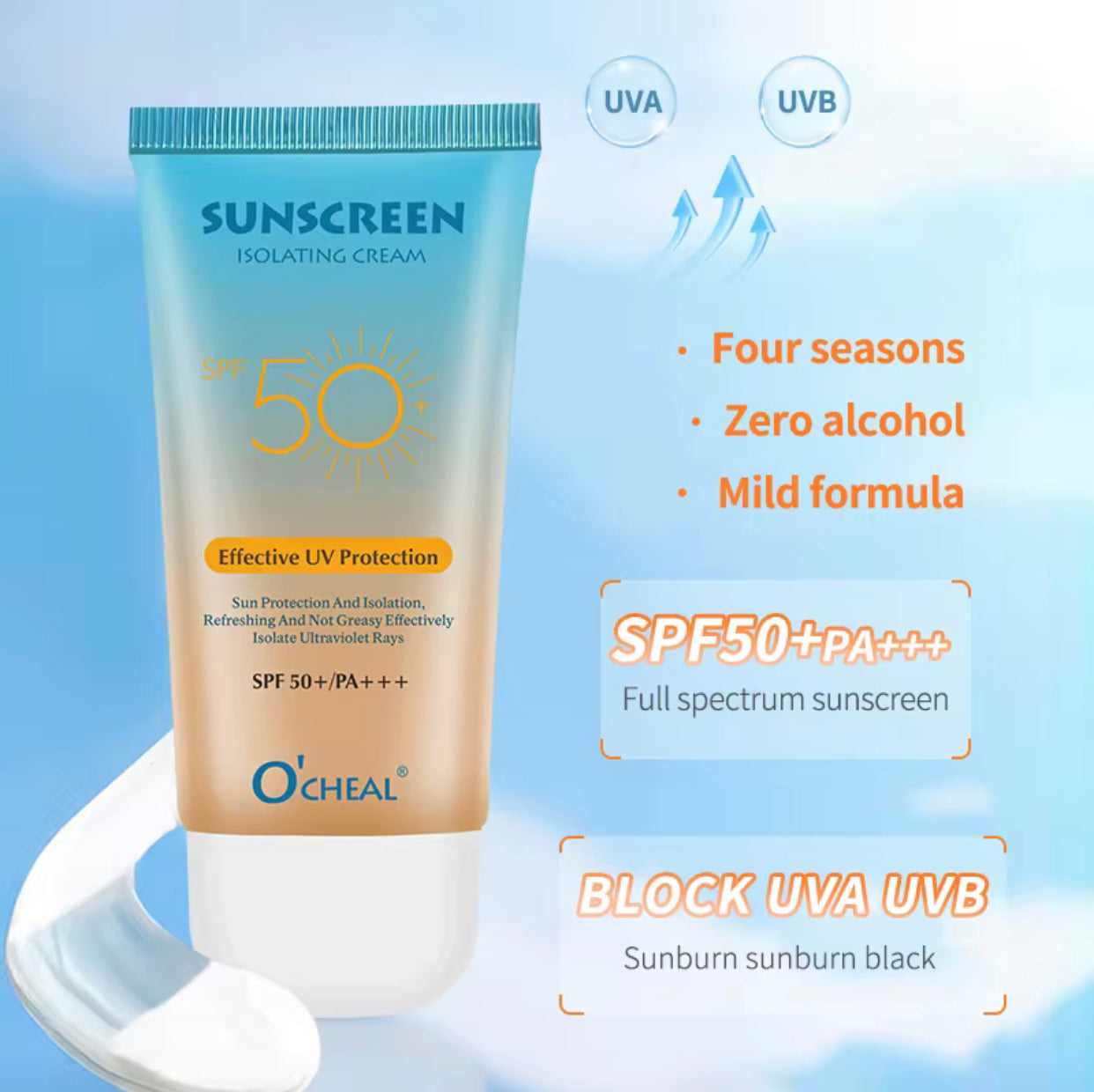 Sets of 10 O'CHEAL Sunscreen Isolating Cream, SPF 50+ PA+++, Non-Greasy UV Protection for Face and Body