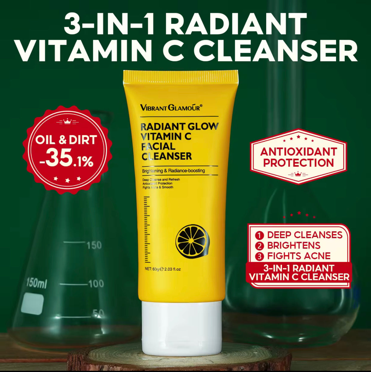 Sets of 3 Vibrant Glamour Vitamin C Facial Cleanser, Radiant Glow, Brightening and Acne Fighting, 60g