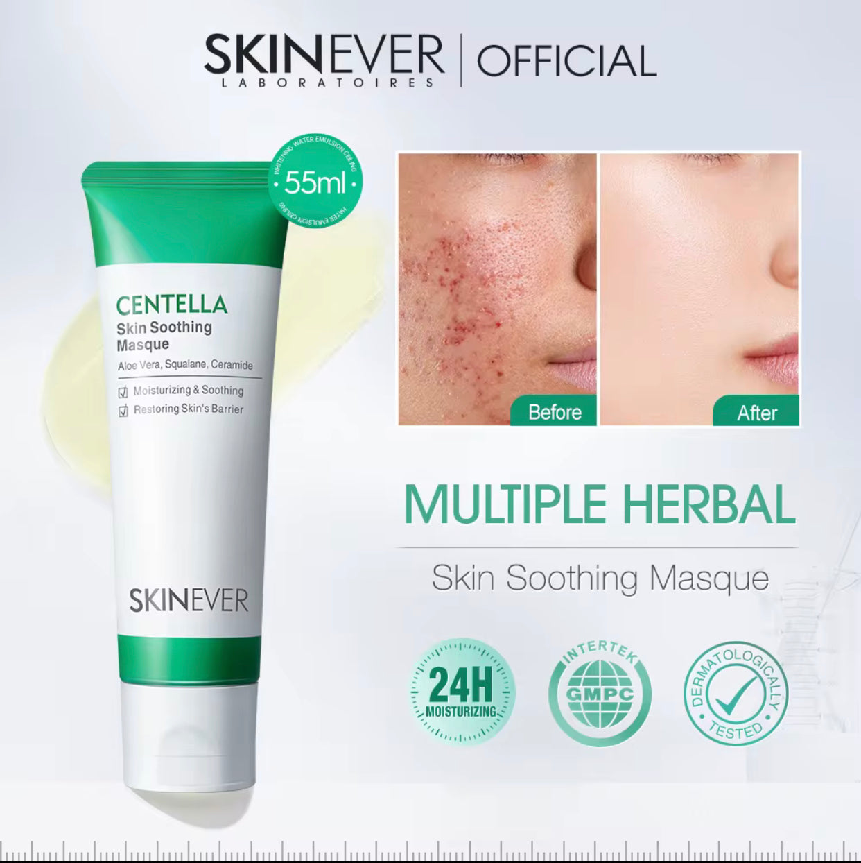 Sets of 10 SKINEVER Centella Skin Soothing Masque, Moisturizing Face Mask with Aloe Vera, Squalane, Ceramide