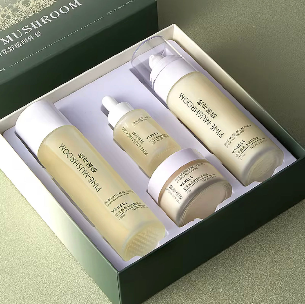 Sets of 3 VSHELL Skincare Gift Kit: 4-Piece Matsutake Mushroom Extract Soothing Cream & Cleansing Set