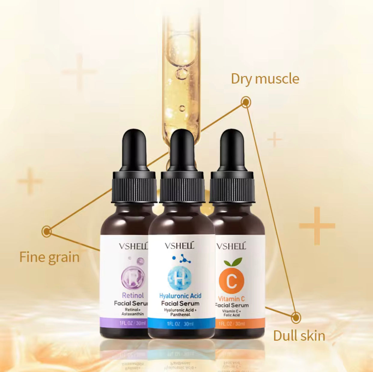 Sets of 3 - VSHELL Retinol + Vitamin C + Hyaluronic Acid Concentrated Drops Ampoule Serum – Anti-Aging, Brightening & Hydrating Serum