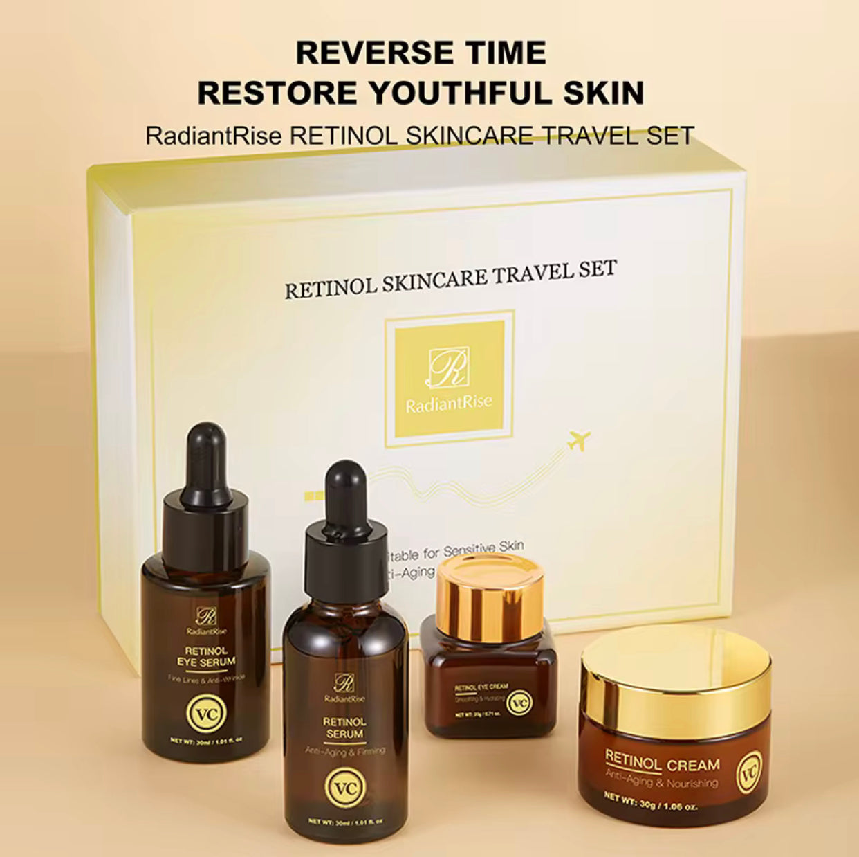 Sets of 2 - RadiantRise Skincare Travel Set – Witch Hazel, Lactobionic Acid, Kojic, Vitamin C & Retinol Face Serum & Cream Set